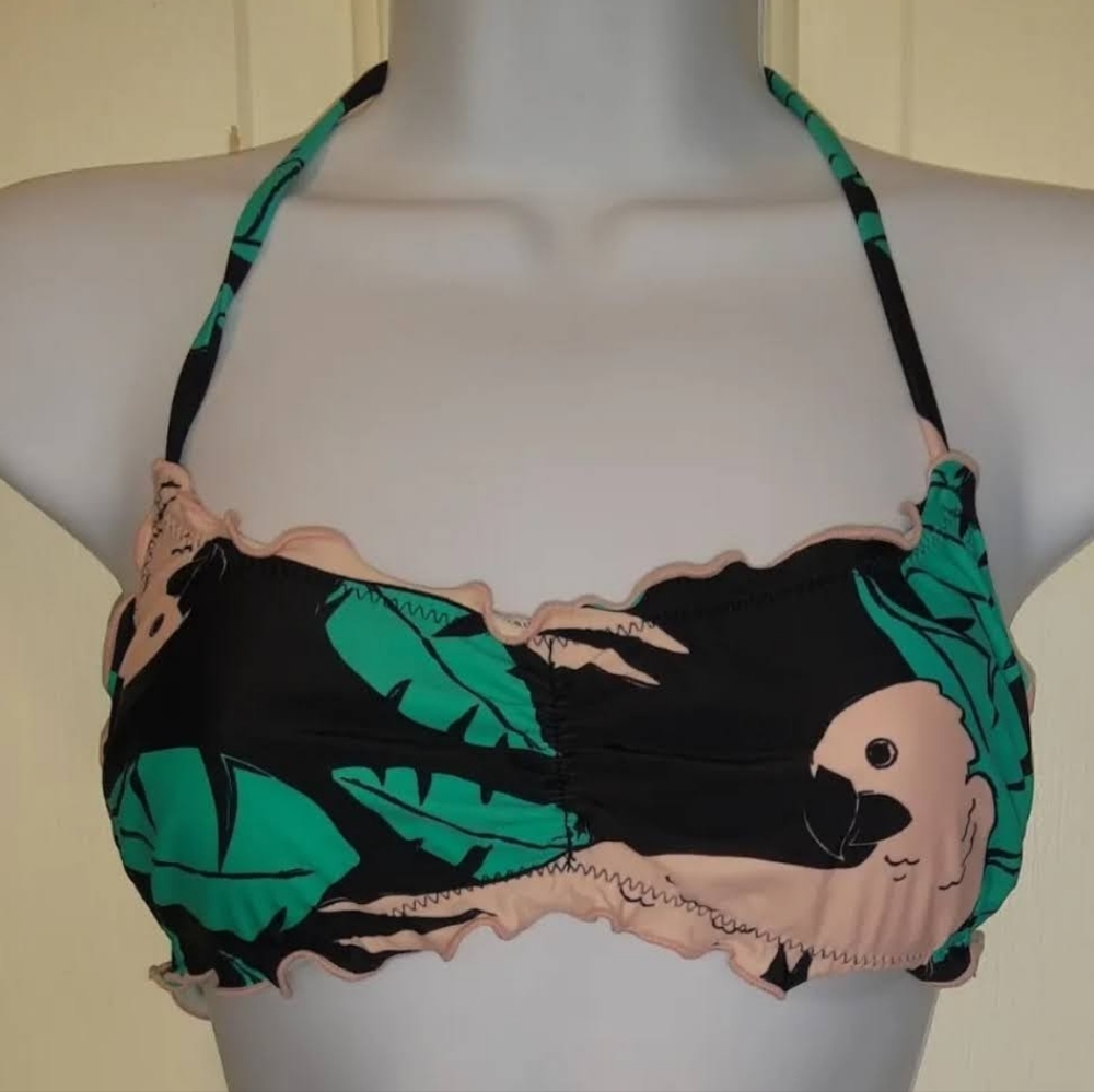 Black And Pink Parrot Bikini Bathingsuit Top. Size Small
